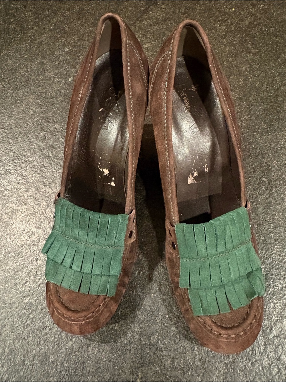 RARE! HOGAN Brown suede wedge heels with green kiltie sz 9 - 9.5